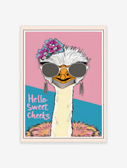 Quirky ostrich wall art wearing sunglasses and flowers, with 'Hello Sweet Cheeks' text on a pink and teal background