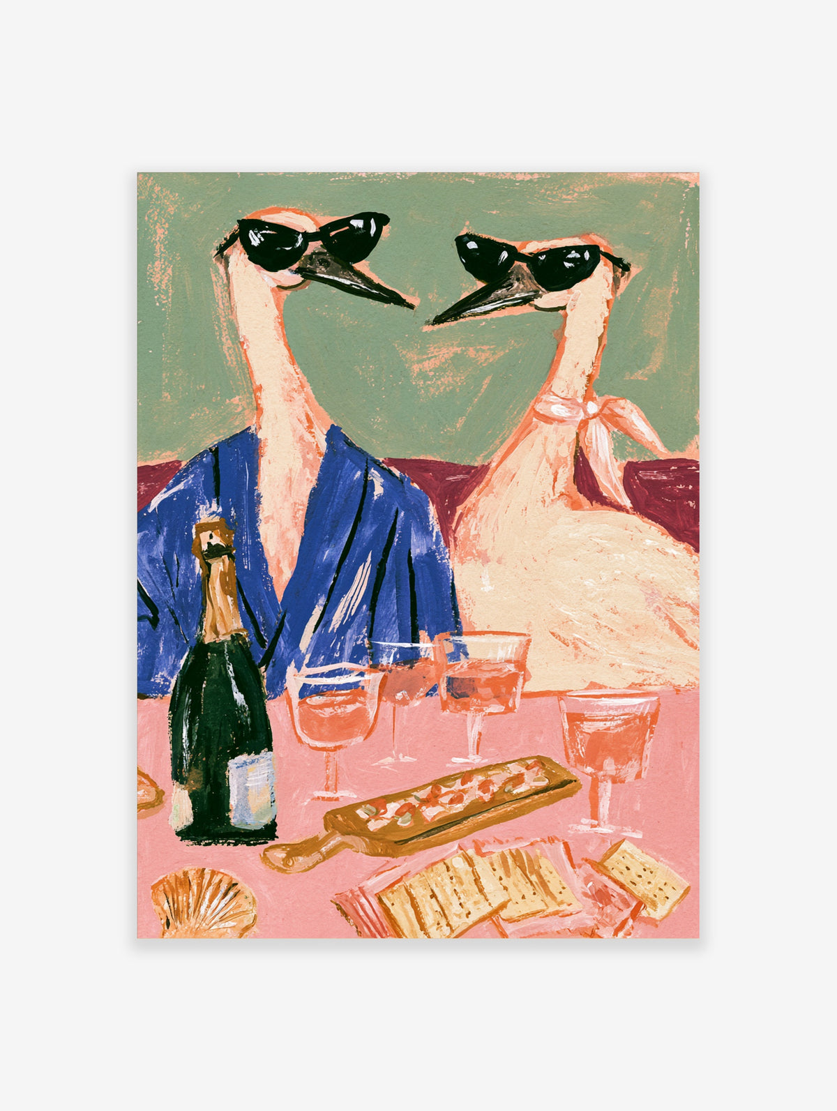 Two ostriches in sunglasses and a blue robe with wine and snacks, retro poster