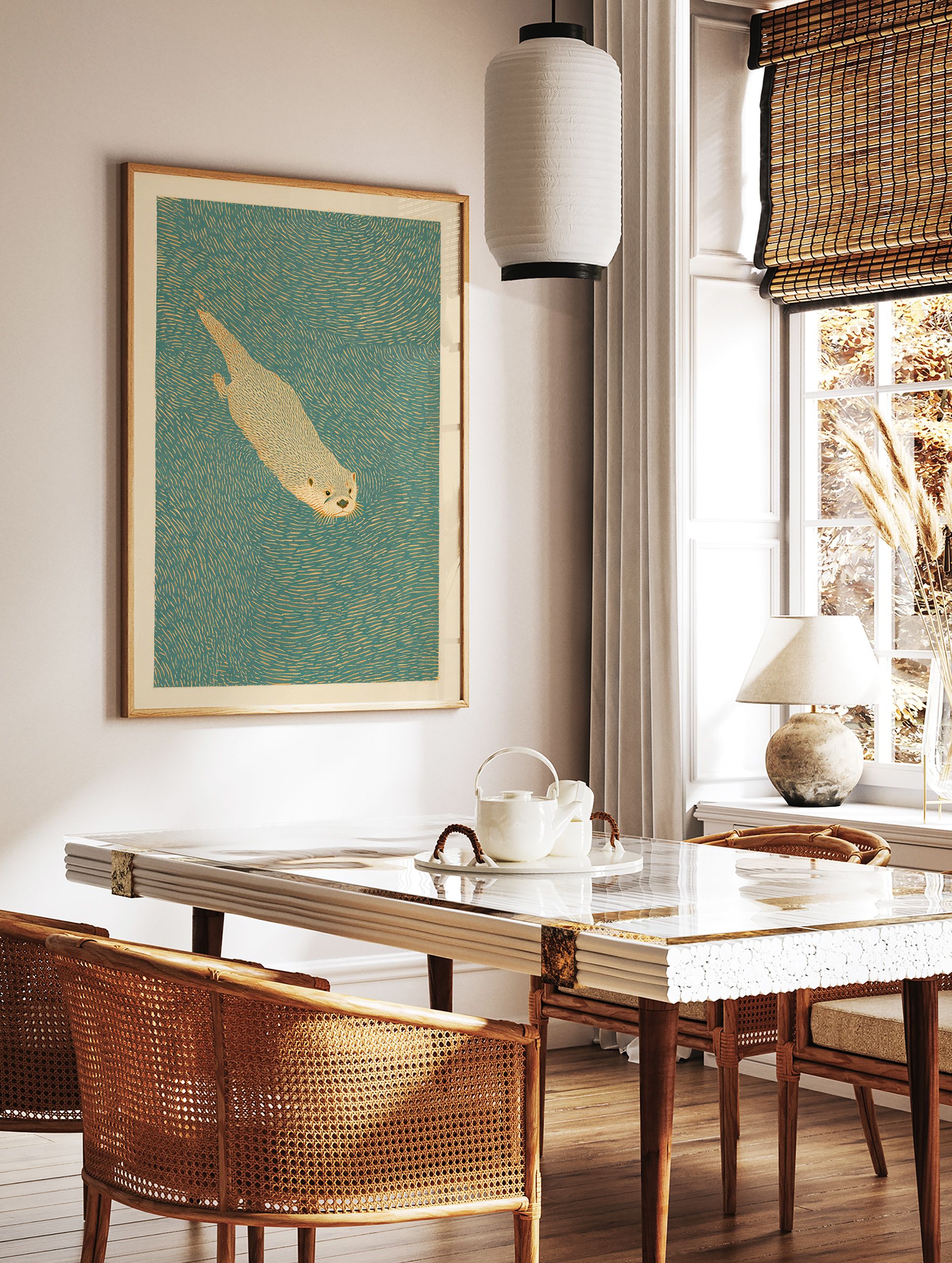 Illustrative art print of a swimming otter in teal water with beige line textures and a cream border. - Image 2