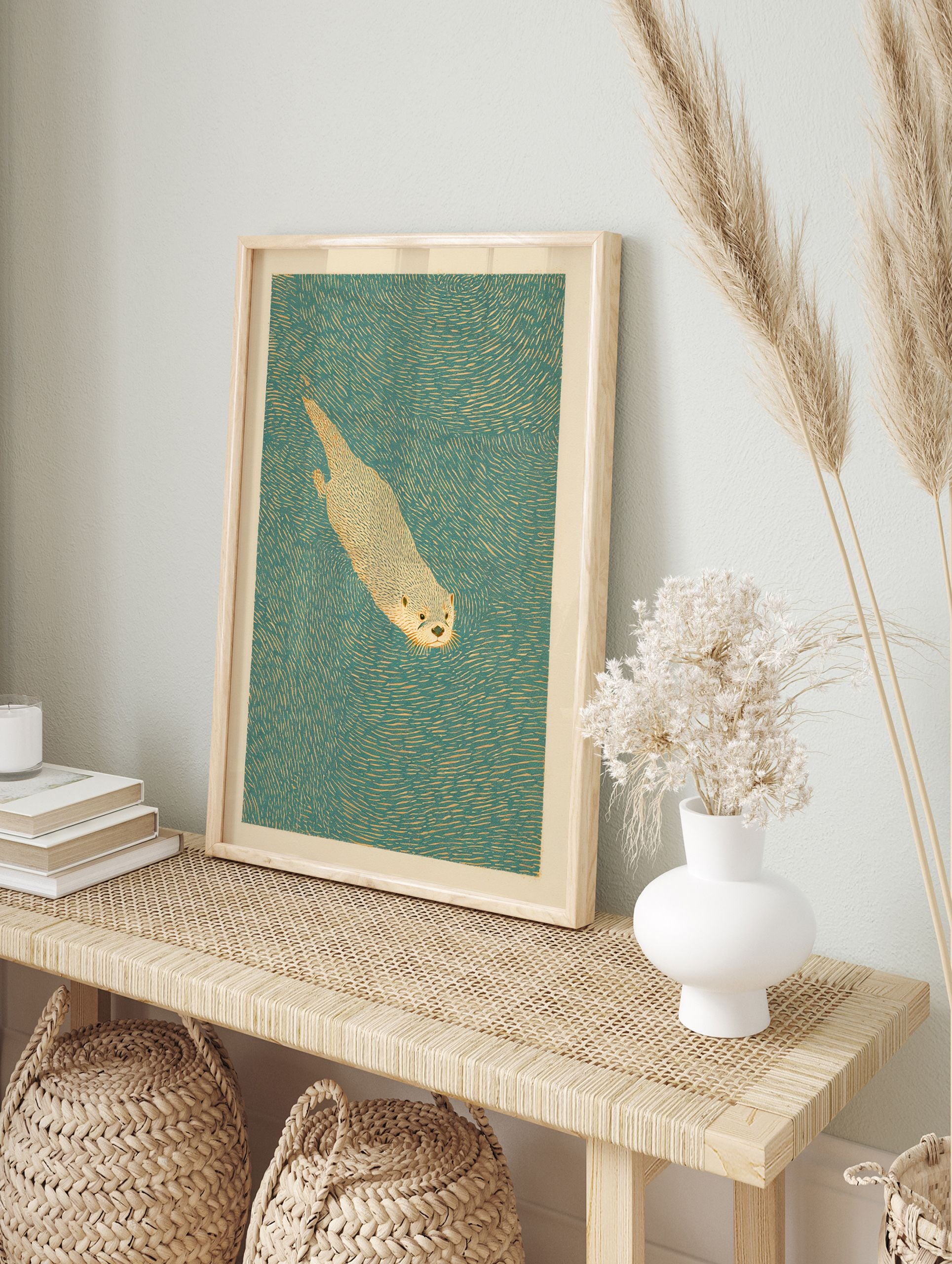 Illustrative art print of a swimming otter in teal water with beige line textures and a cream border. - Image 3