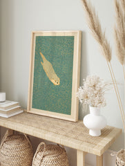 Illustrative art print of a swimming otter in teal water with beige line textures and a cream border. - Image 3