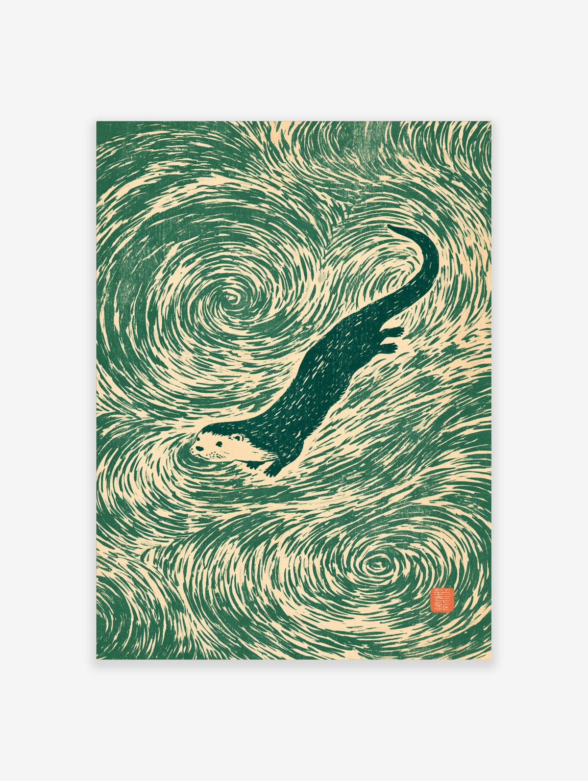 Green and beige otter swimming poster with swirling water lines and a small red seal