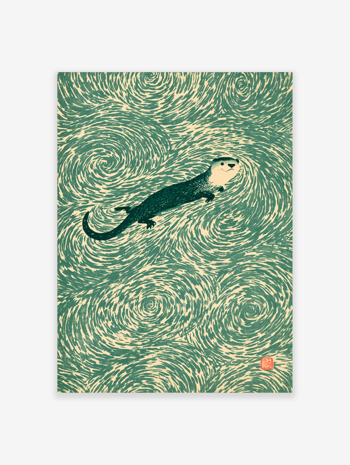 Otter swimming through swirling green water in a Japanese-style illustration art print