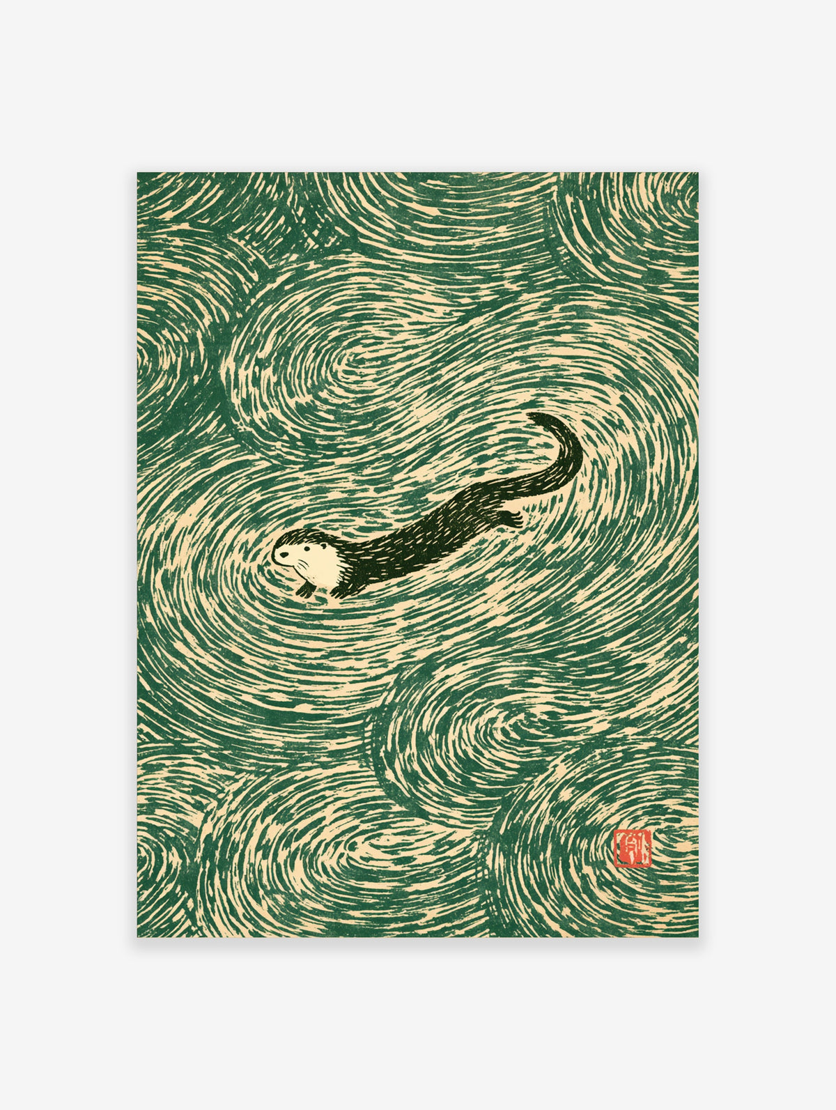 Otter swimming in swirling green and cream water, Japanese woodblock style animal poster
