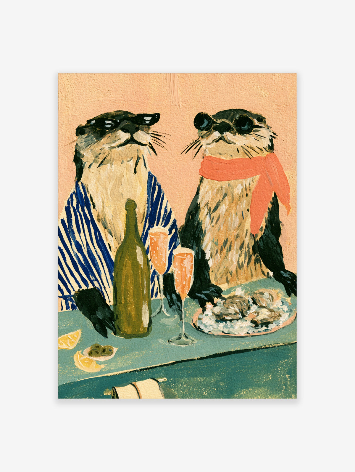 Otter art print of two otters in sunglasses and scarf with champagne and oysters on teal table