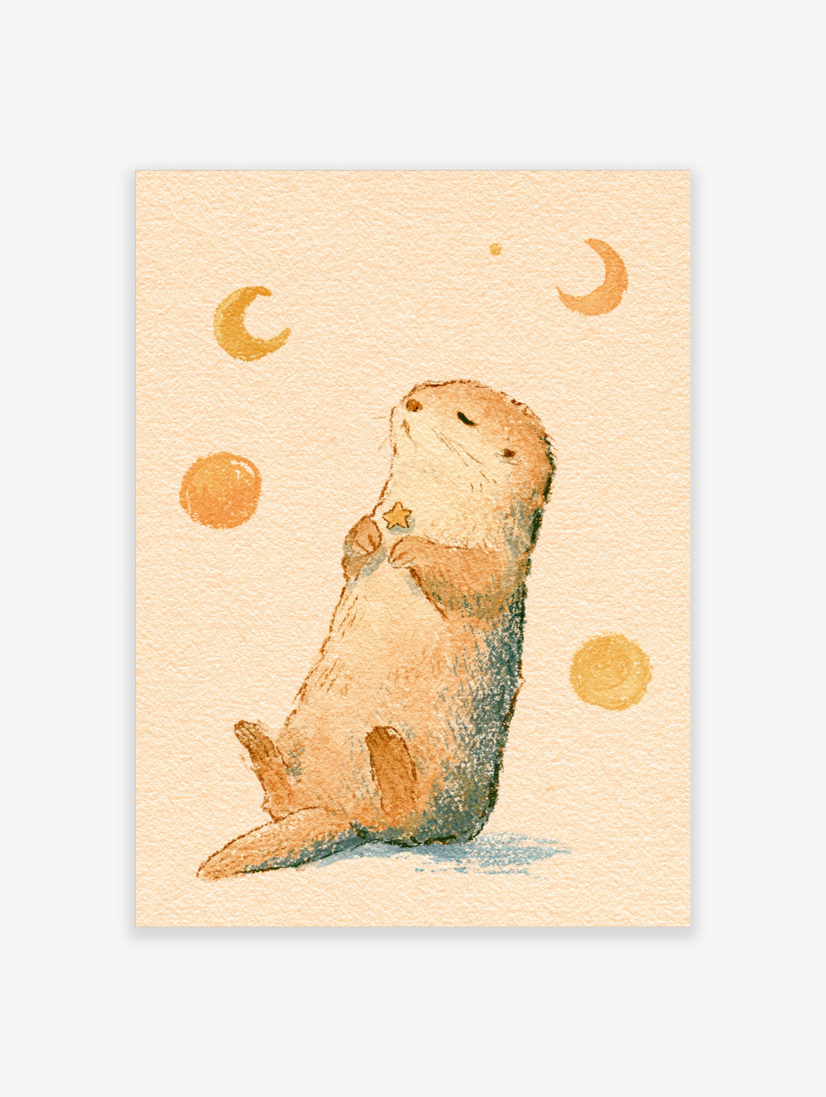 Illustrated otter holding a star with crescent moons and orange circles on beige background