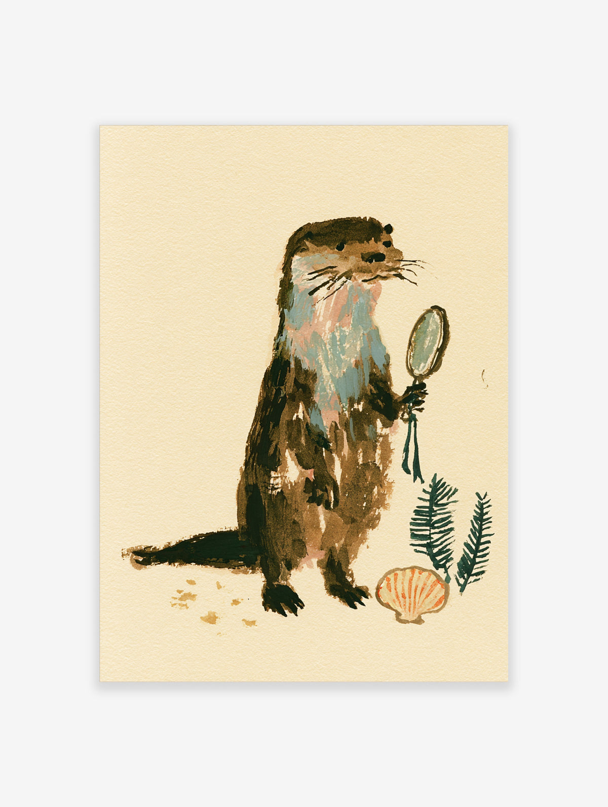 Watercolour otter holding a hand mirror beside a seashell and green fern on a cream background