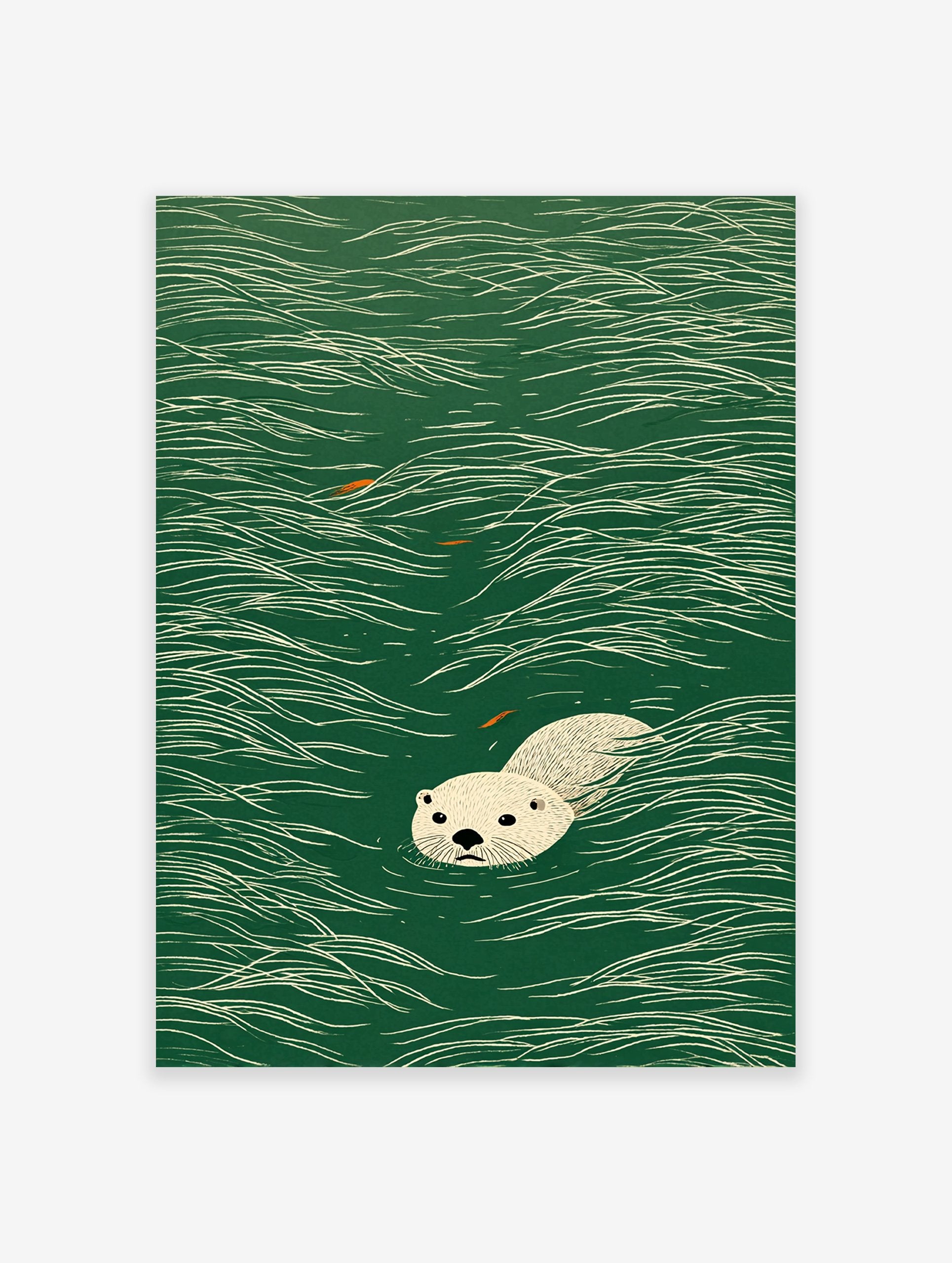 Illustrated art print featuring a light-colored otter swimming in dark green water with white wave lines and small orange fish.