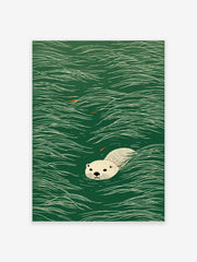 Illustrated art print featuring a light-colored otter swimming in dark green water with white wave lines and small orange fish.