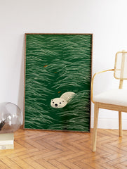 Illustrated art print featuring a light-colored otter swimming in dark green water with white wave lines and small orange fish. - Image 2