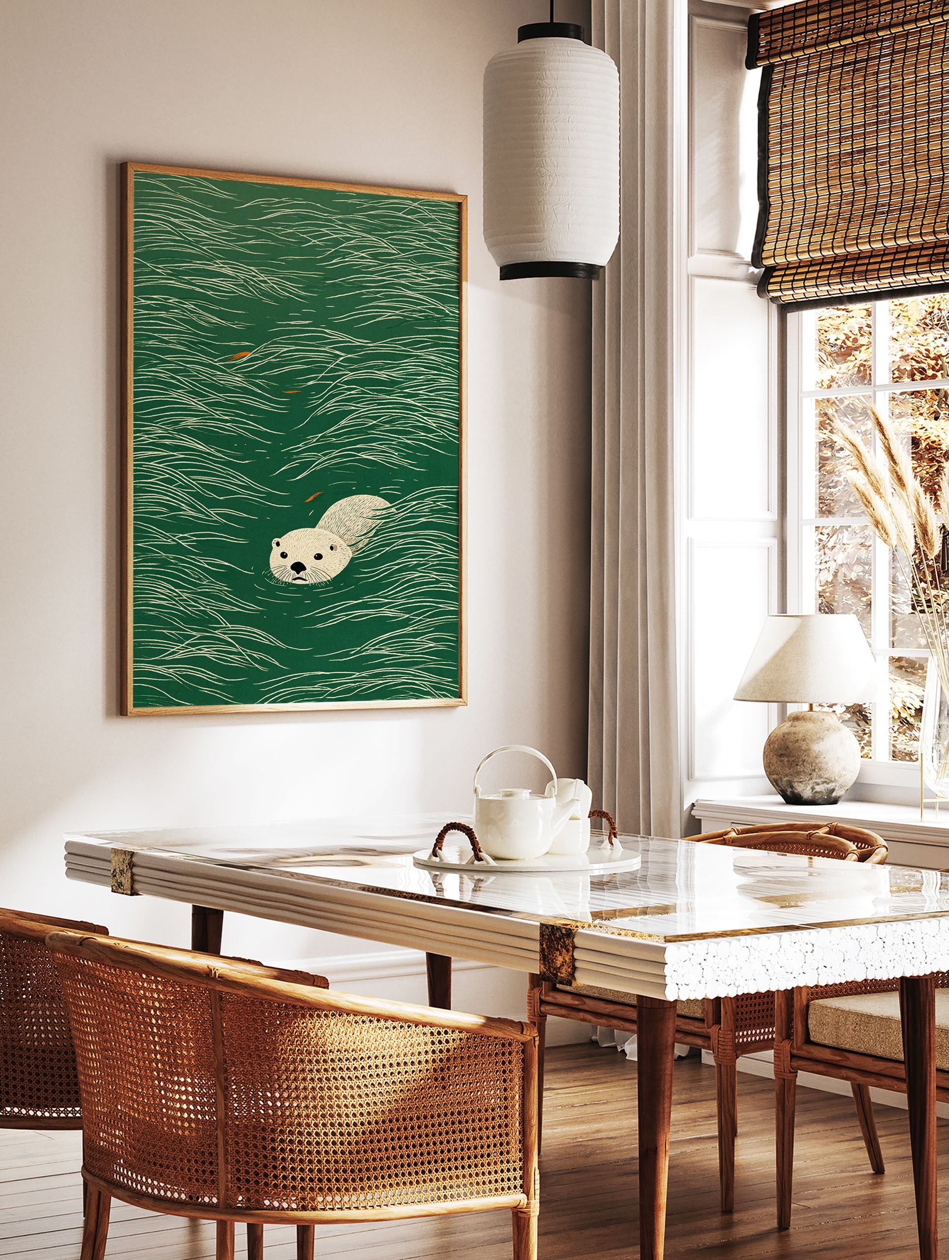 Illustrated art print featuring a light-colored otter swimming in dark green water with white wave lines and small orange fish. - Image 3