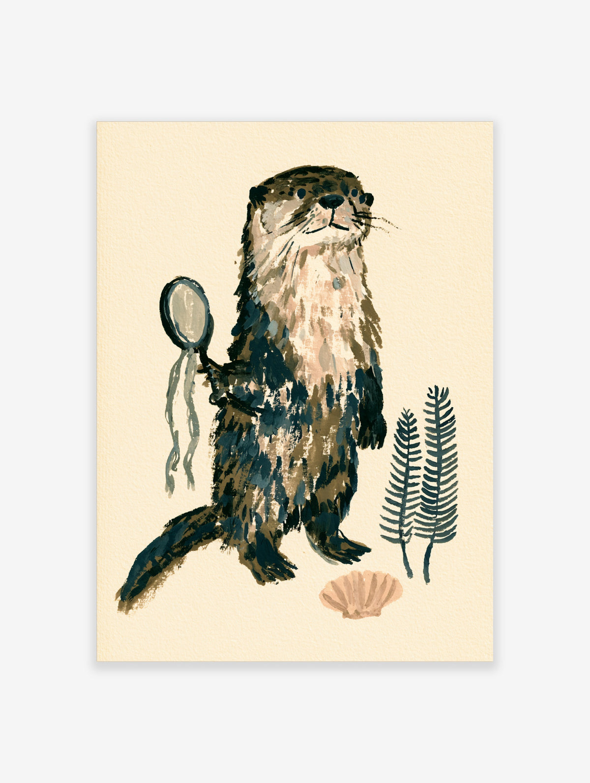 Hand-painted otter holding a hand mirror with fern leaves and a seashell on a cream background