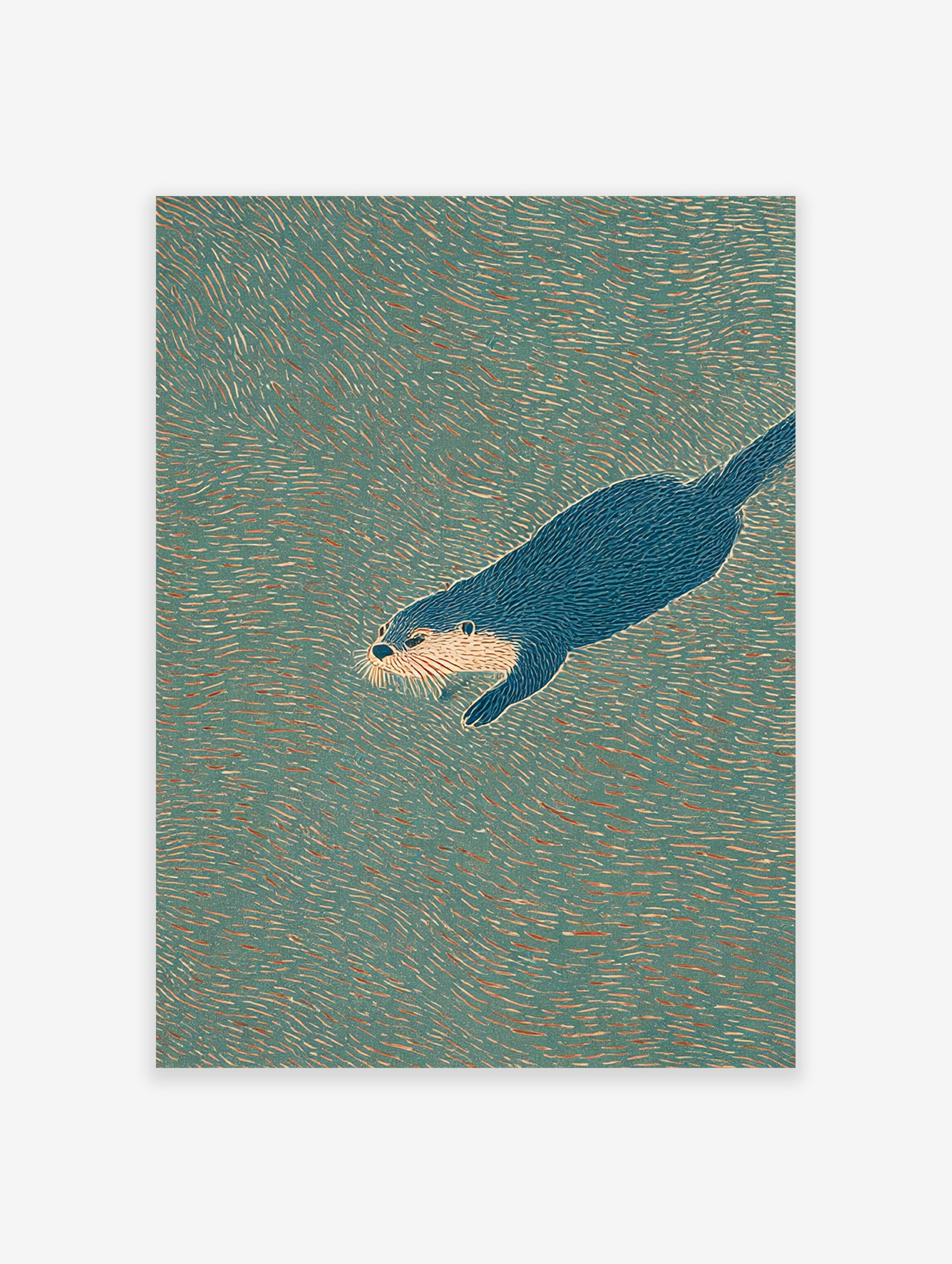 Illustrated otter wall art showing a blue otter swimming in textured teal and orange water.