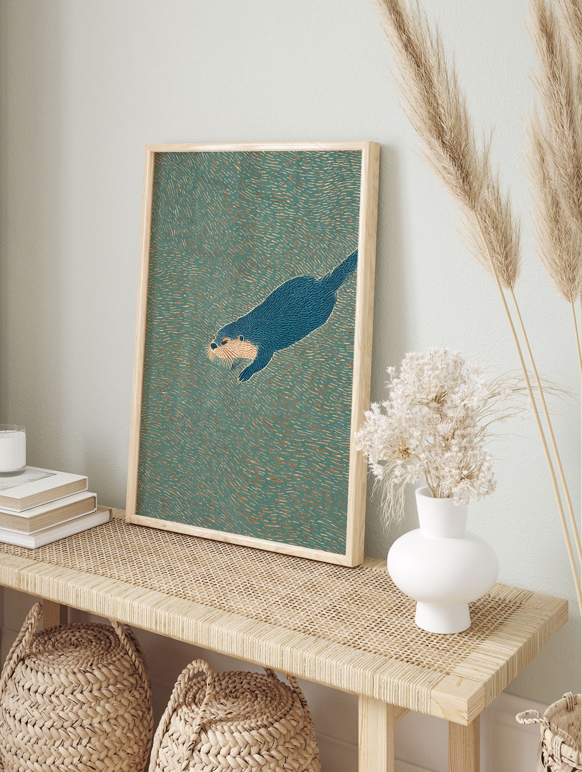 Illustrated otter wall art showing a blue otter swimming in textured teal and orange water. - Image 3