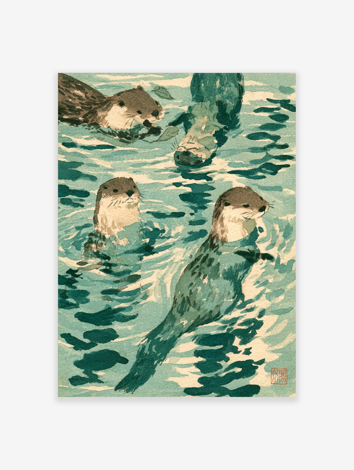 Japanese woodblock otter art print with four otters swimming in teal water