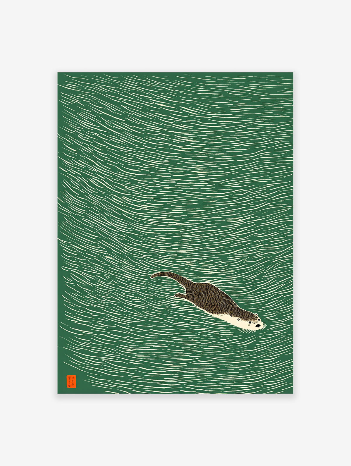 Illustrated print of a brown otter swimming in green water, a serene Japanese woodcut style animal wall art.