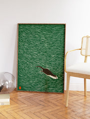 Illustrated print of a brown otter swimming in green water, a serene Japanese woodcut style animal wall art. - Image 2