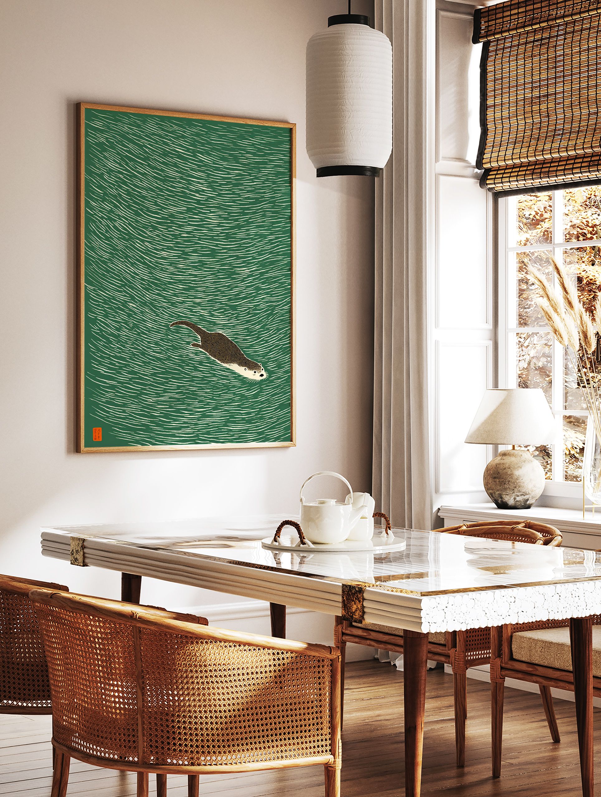 Illustrated print of a brown otter swimming in green water, a serene Japanese woodcut style animal wall art. - Image 3