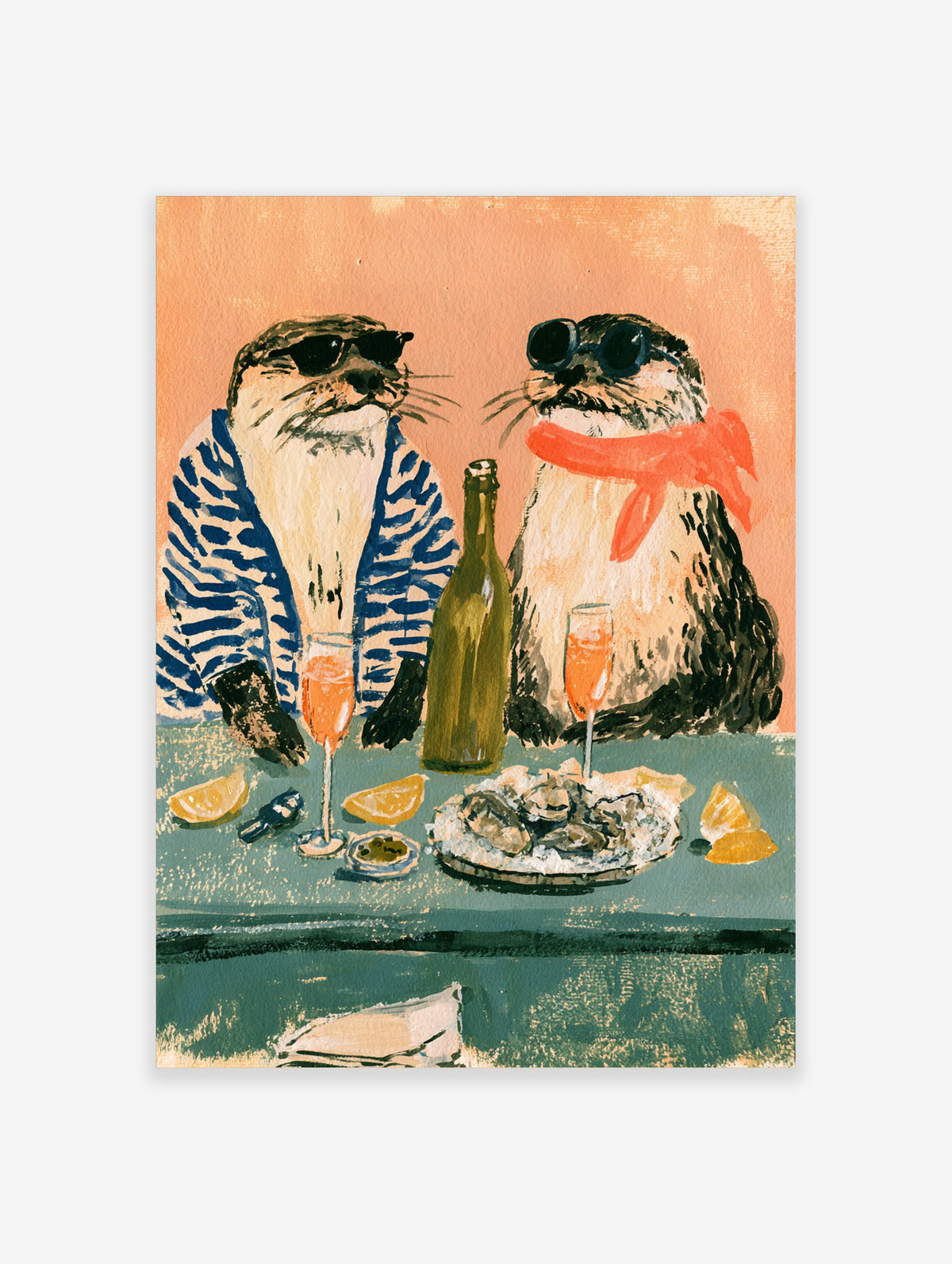 Retro otter art print of two otters in sunglasses with wine, oysters and lemon on a teal table