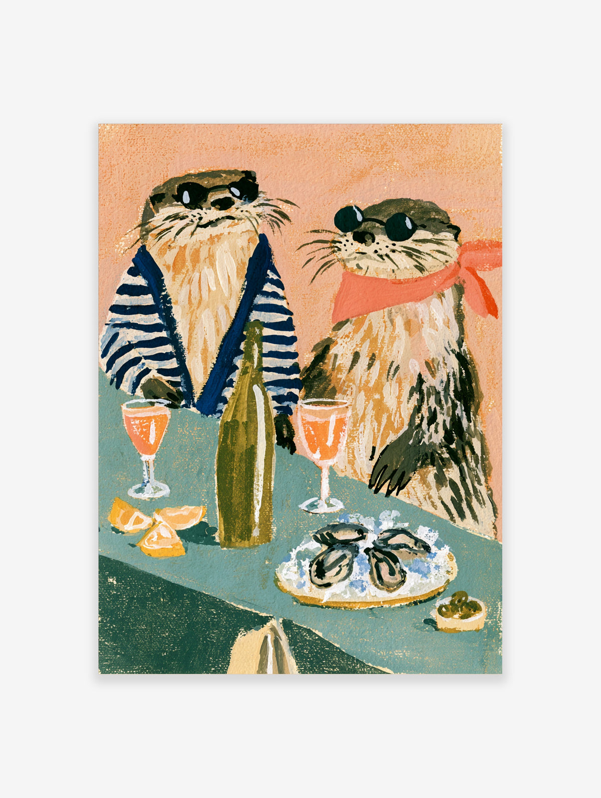 Two otters in sunglasses and striped shirt with rosé and oysters on teal table, retro coastal animal poster