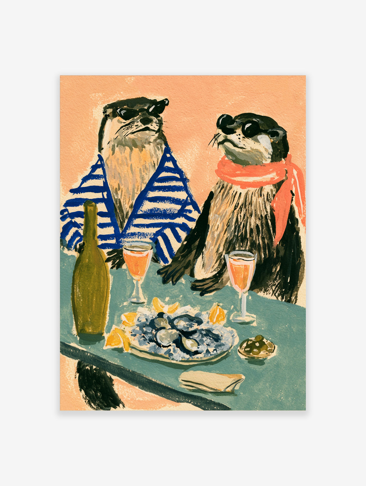 Otter wall art print of two otters in sunglasses with striped shirt, coral scarf, wine glasses and oysters on a teal table