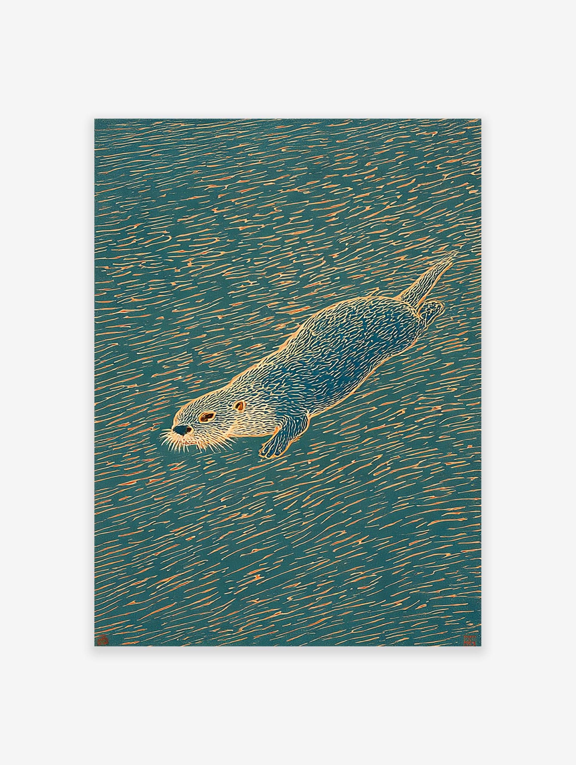 Illustrated otter swimming in teal water with orange ripple lines, nature animal wall art print