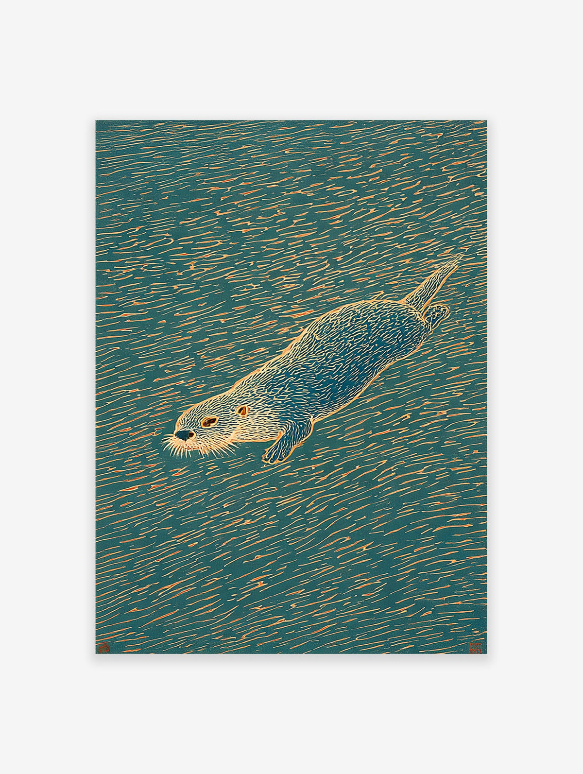 Illustrated otter swimming in teal water with orange ripple lines, nature animal wall art print