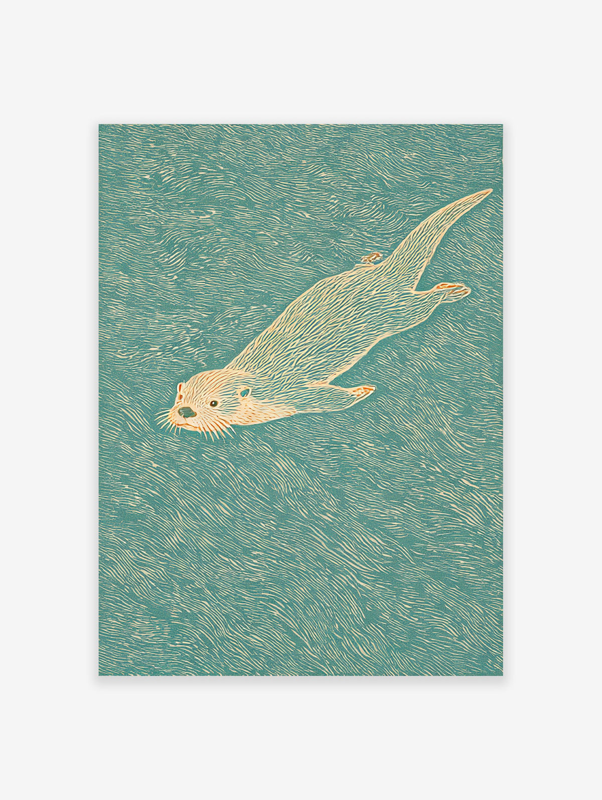 Illustrative otter wall art print of a swimming otter in teal water with orange fur details.
