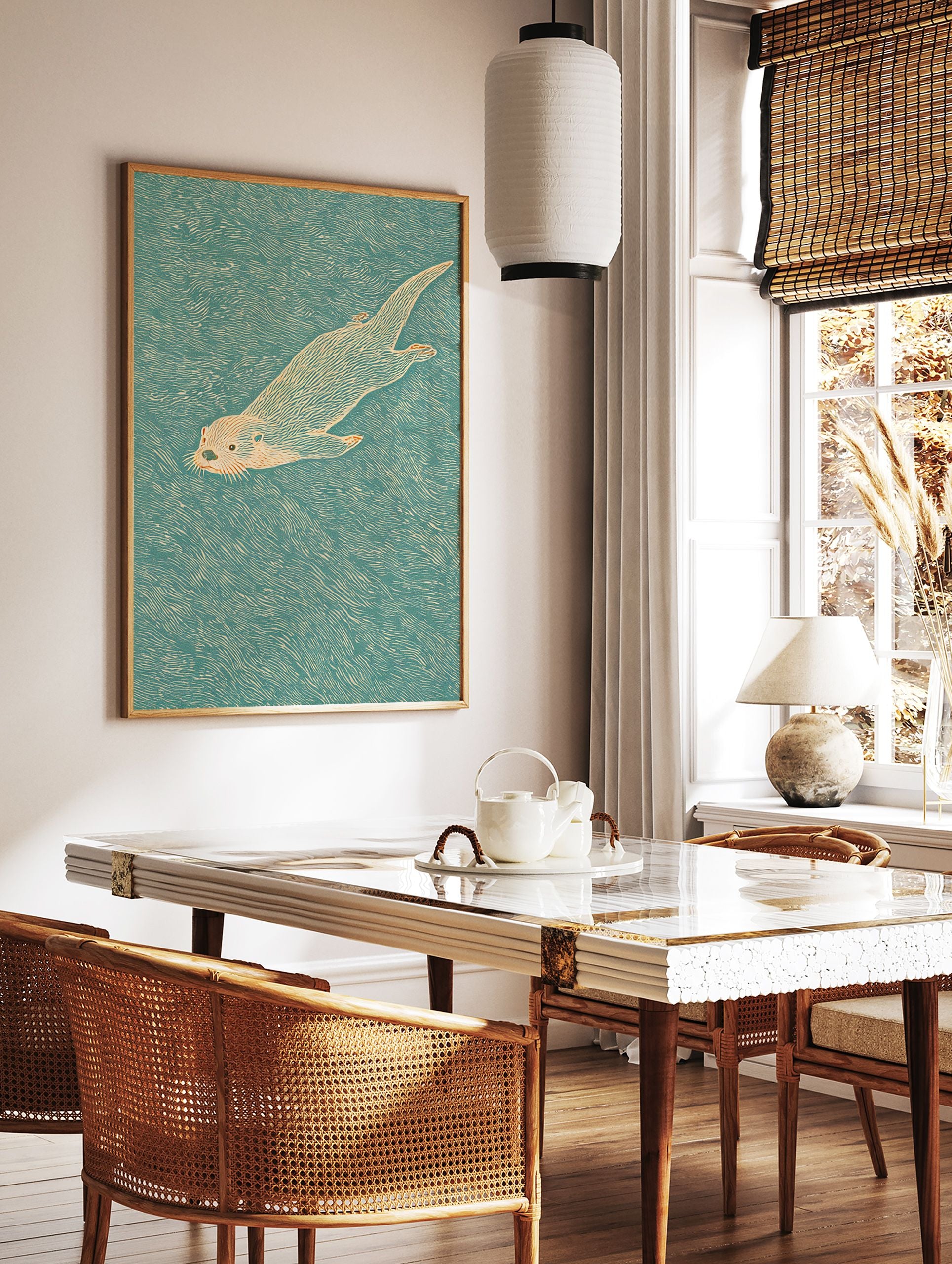 Illustrative otter wall art print of a swimming otter in teal water with orange fur details. - Image 2