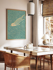 Illustrative otter wall art print of a swimming otter in teal water with orange fur details. - Image 2
