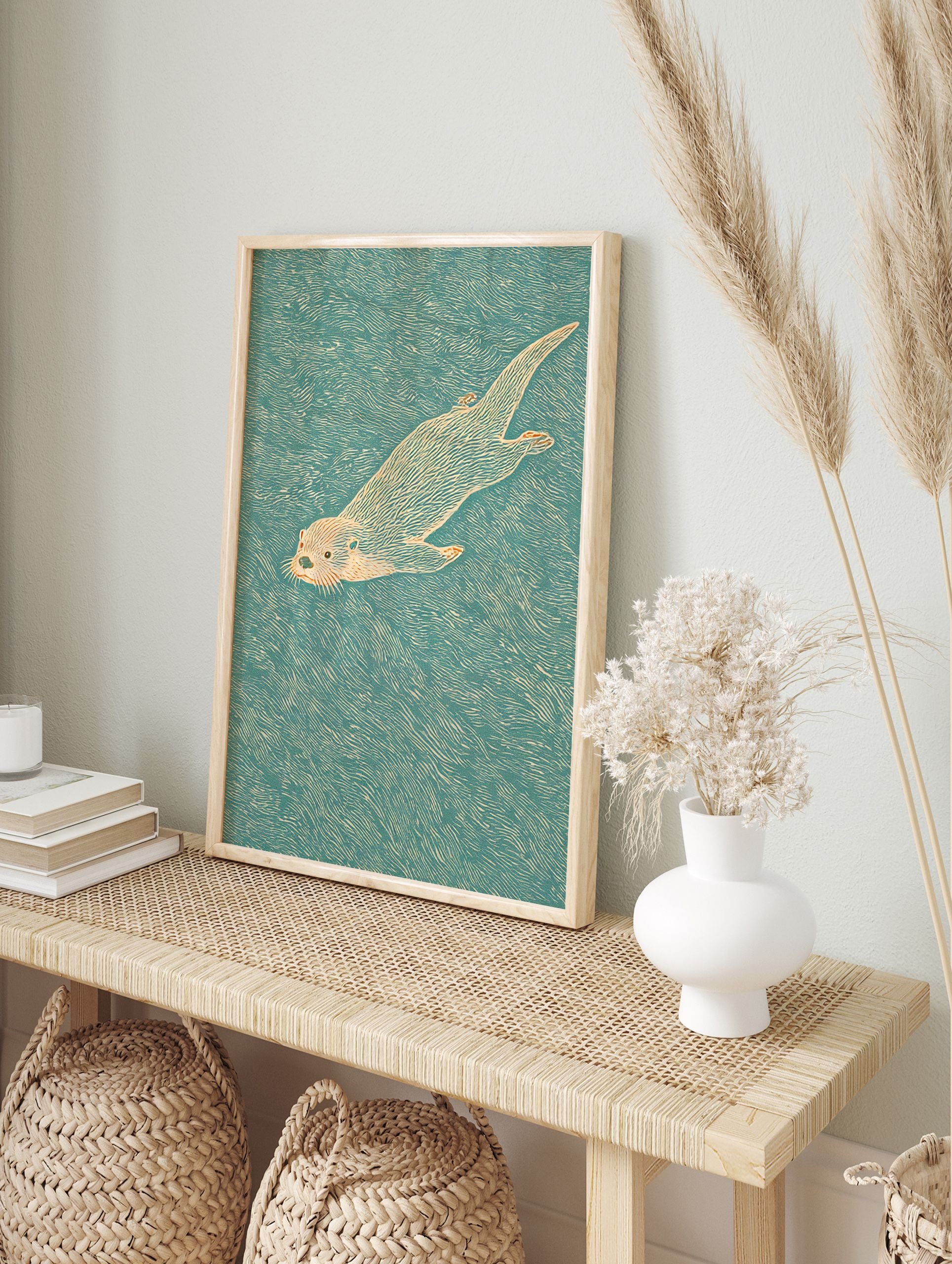 Illustrative otter wall art print of a swimming otter in teal water with orange fur details. - Image 3