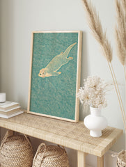 Illustrative otter wall art print of a swimming otter in teal water with orange fur details. - Image 3
