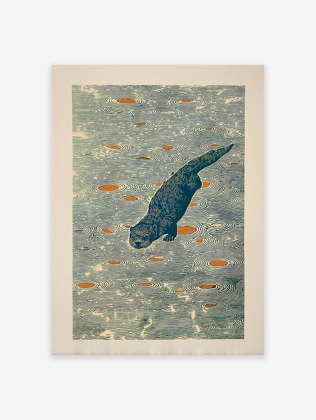 Illustrative woodblock print of a blue otter diving in water with orange shapes and ripple patterns.