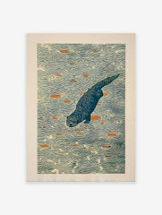 Illustrative woodblock print of a blue otter diving in water with orange shapes and ripple patterns.