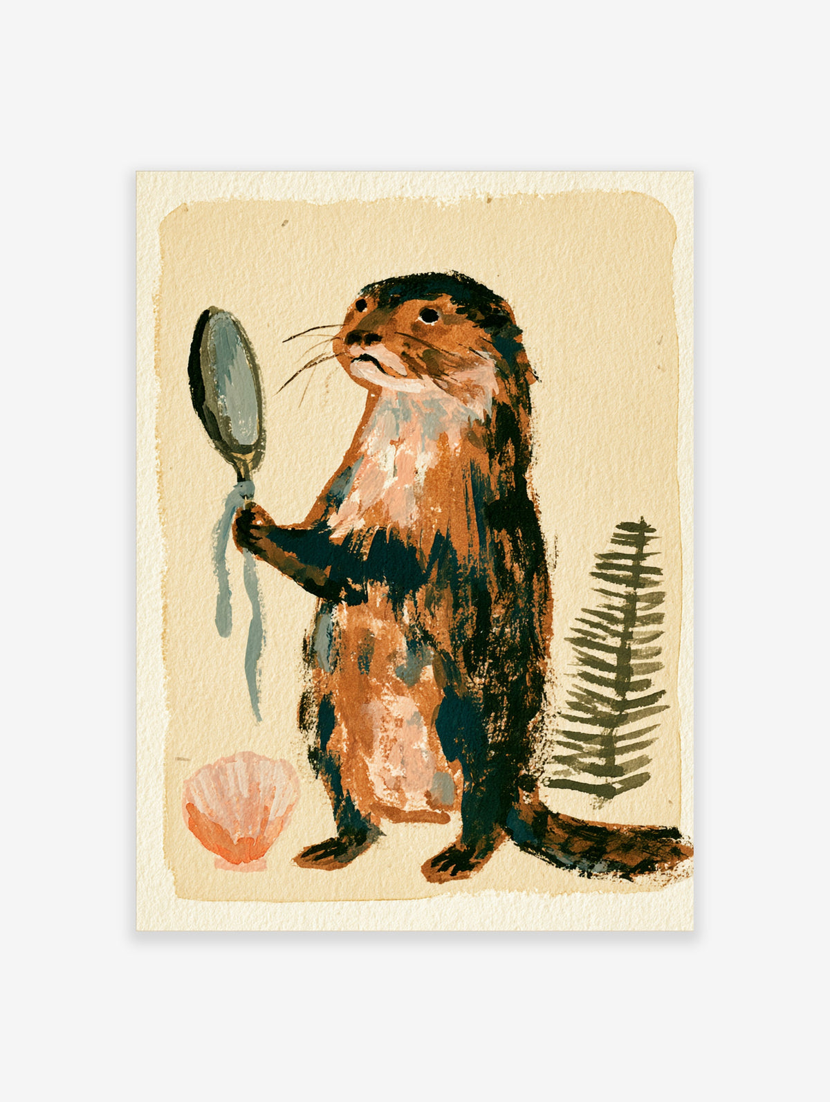 Otter holding a hand mirror animal illustration art print with pink shell and fern on beige background