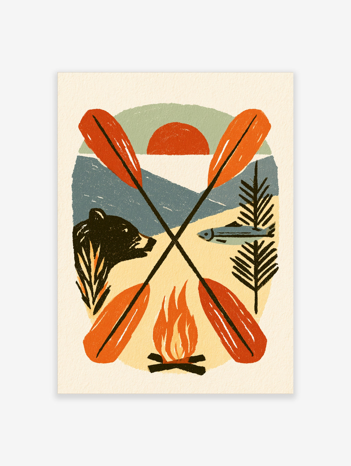 Outdoor adventure poster with black bear, crossed orange paddles, campfire, fish, pine trees, red sun and blue mountains