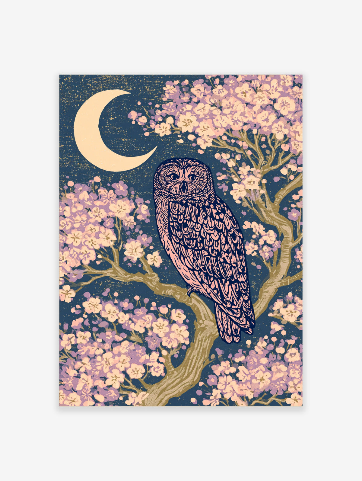 Owl perched on cherry blossom branch under cream crescent moon on navy starry background art print
