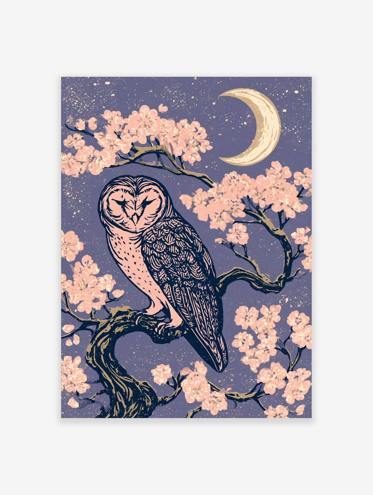 Pink owl on branch with cherry blossoms and cream crescent moon on purple speckled sky