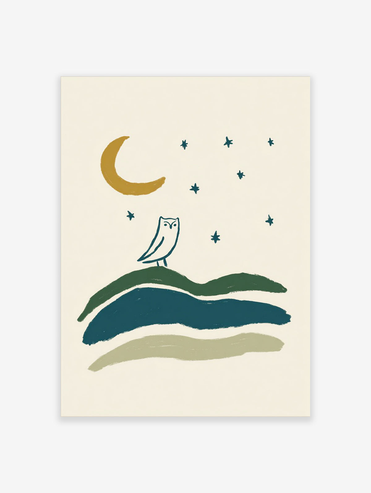 Owl on rolling hills beneath a crescent moon and stars, cream background animal poster