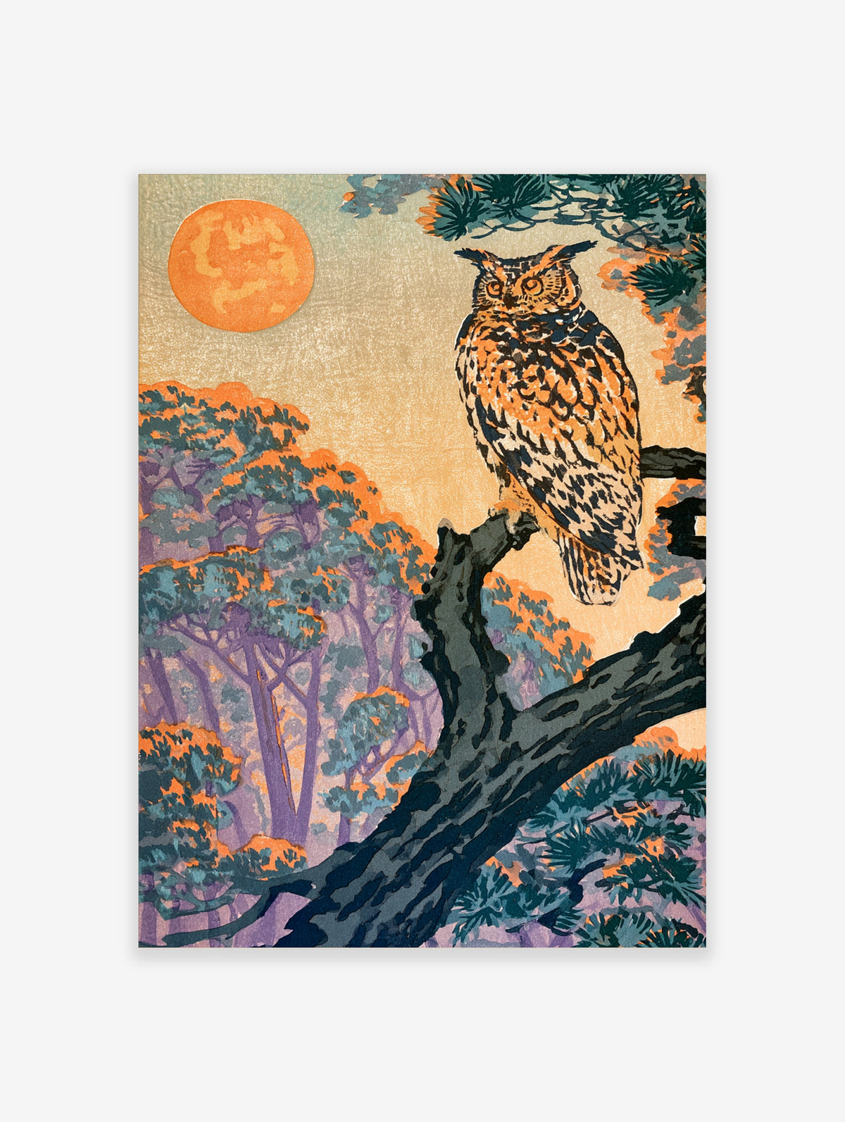 Owl on pine branch with orange full moon and teal forest, Japanese woodblock style art print
