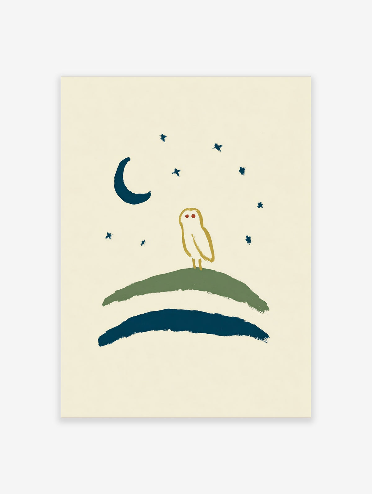 Owl and moon wall art print with crescent moon, stars, and green hill on cream background