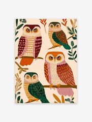 Illustrated owl art print featuring four colorful owls with patterned feathers perched on tree branches against a light background.