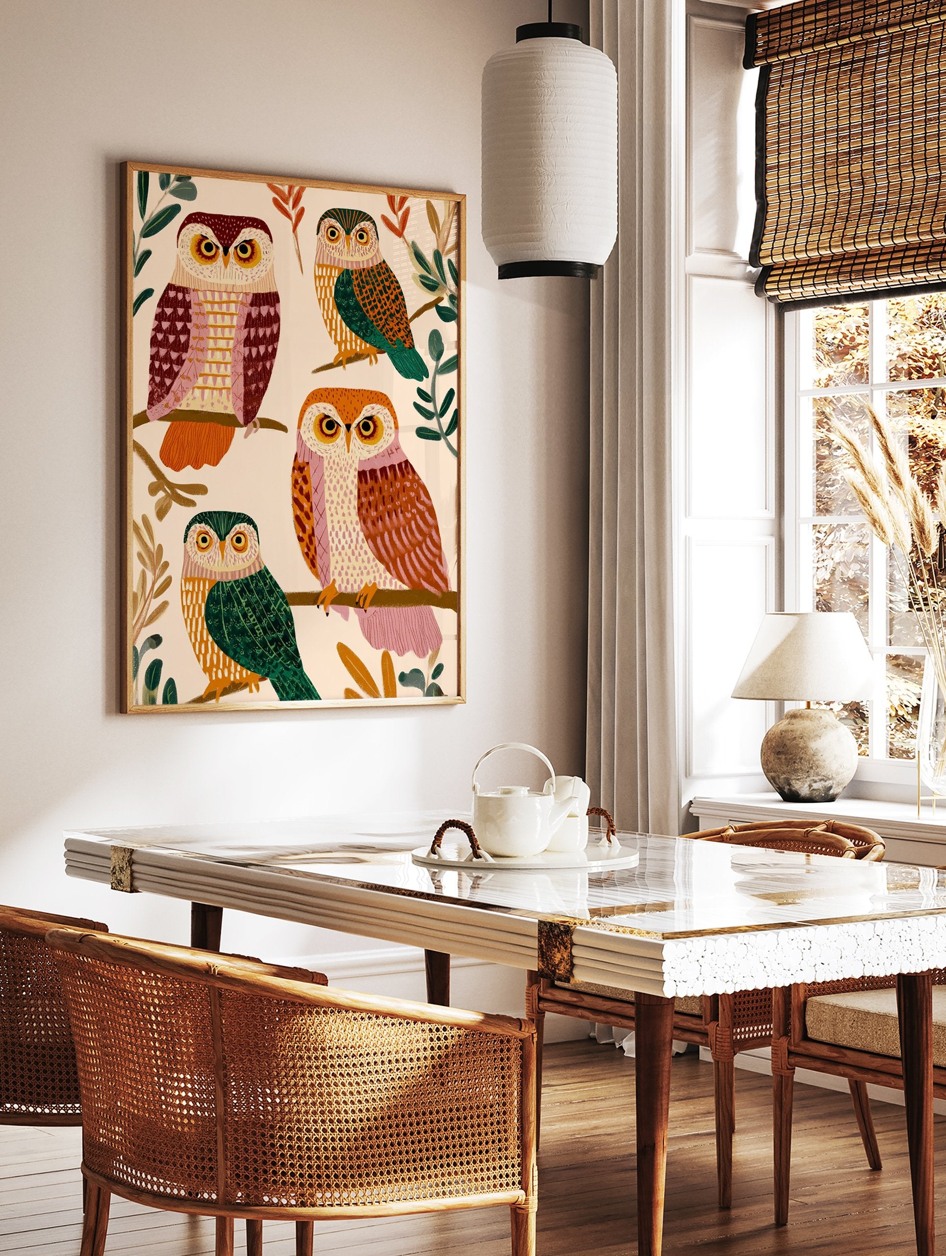 Illustrated owl art print featuring four colorful owls with patterned feathers perched on tree branches against a light background. - Image 2
