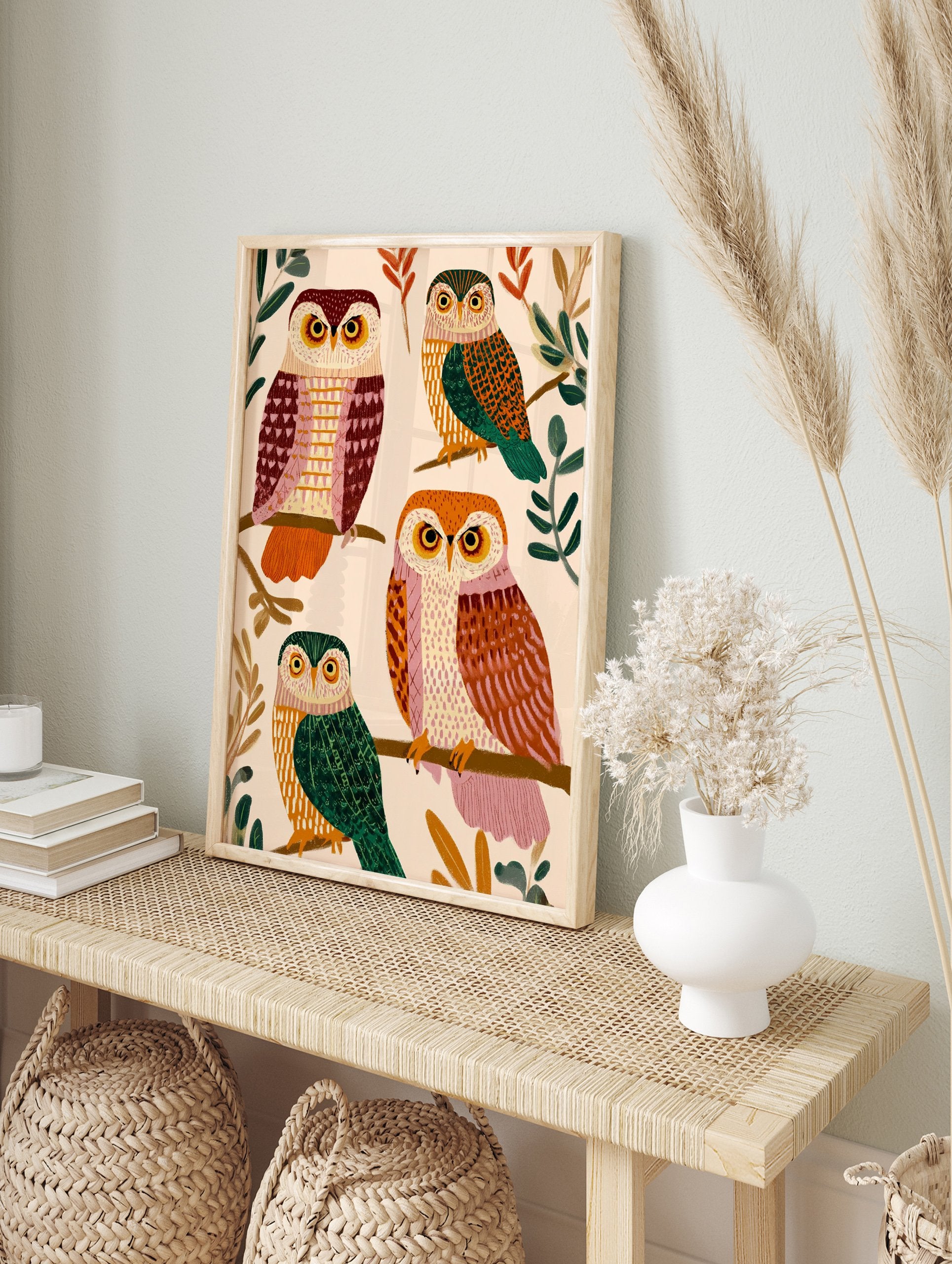 Illustrated owl art print featuring four colorful owls with patterned feathers perched on tree branches against a light background. - Image 3