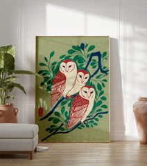 Japanese style illustration art print of three white and red owls perched on a blue branch with green leaves. - Image 3