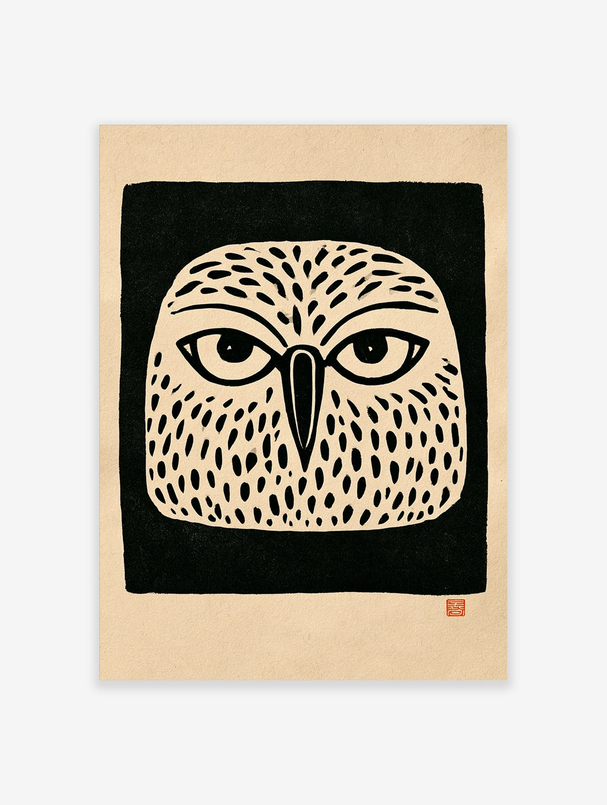 Black and white owl face poster with spotted feather pattern and bold linework on cream background