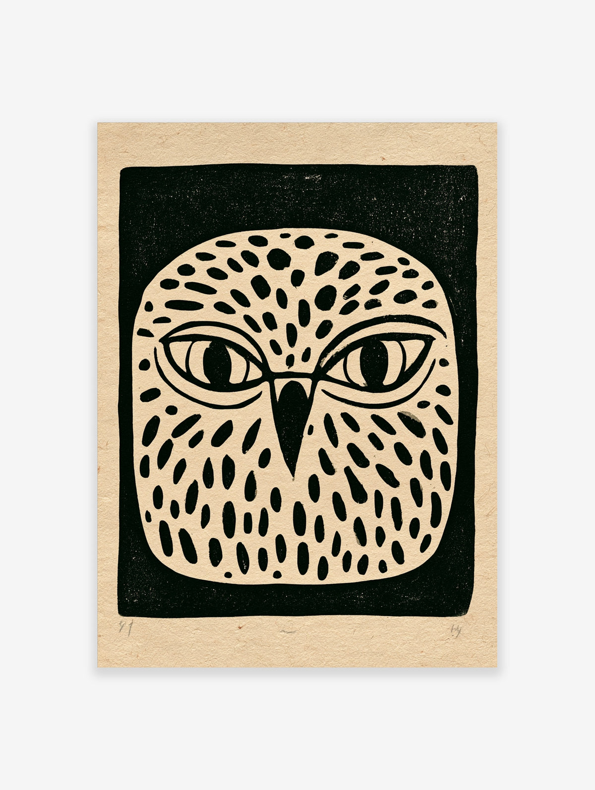 Monochrome owl face poster with black spots, large eyes and beak on cream background