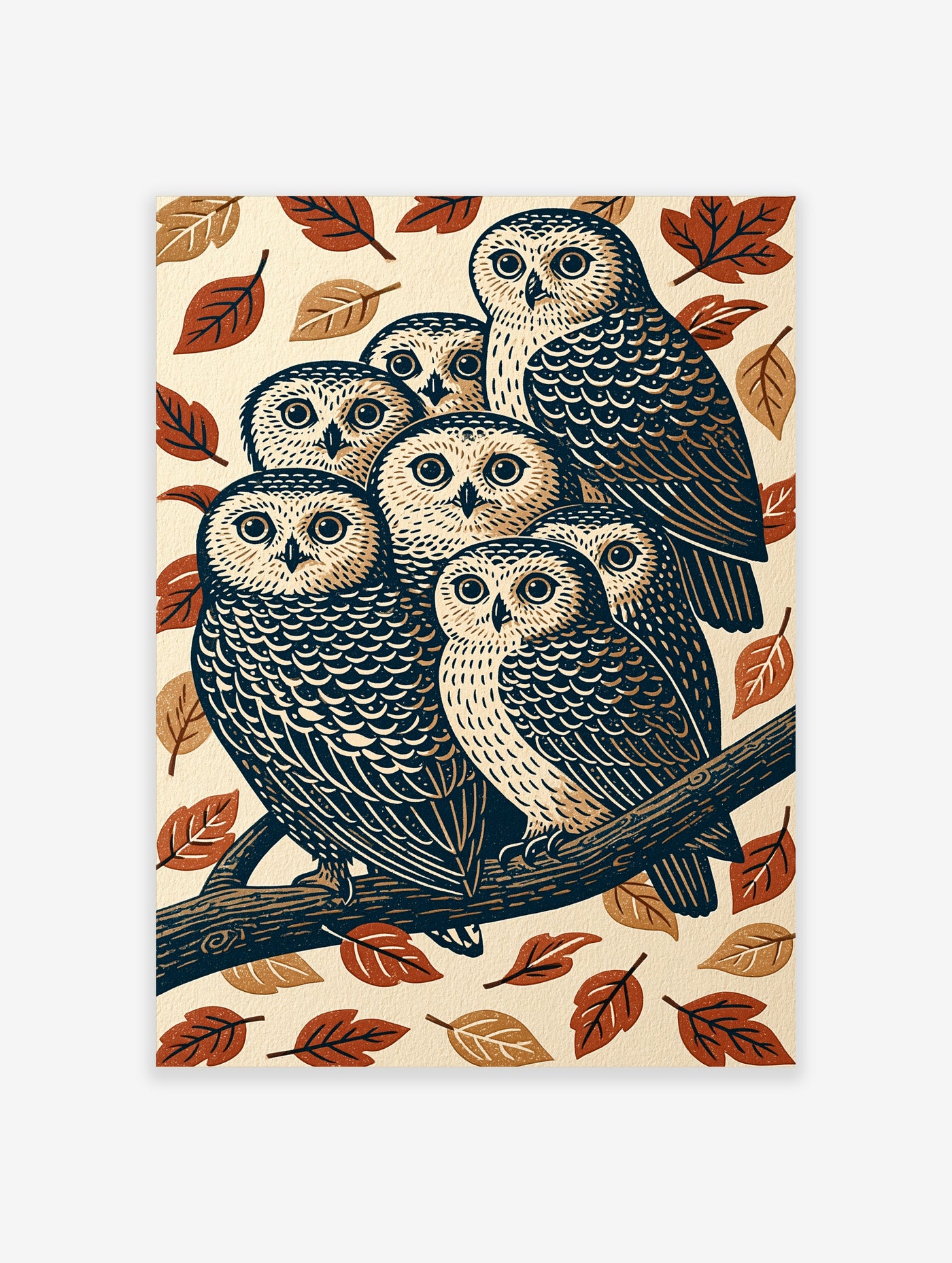 Owl family illustration print with seven owls on a branch and autumn leaves
