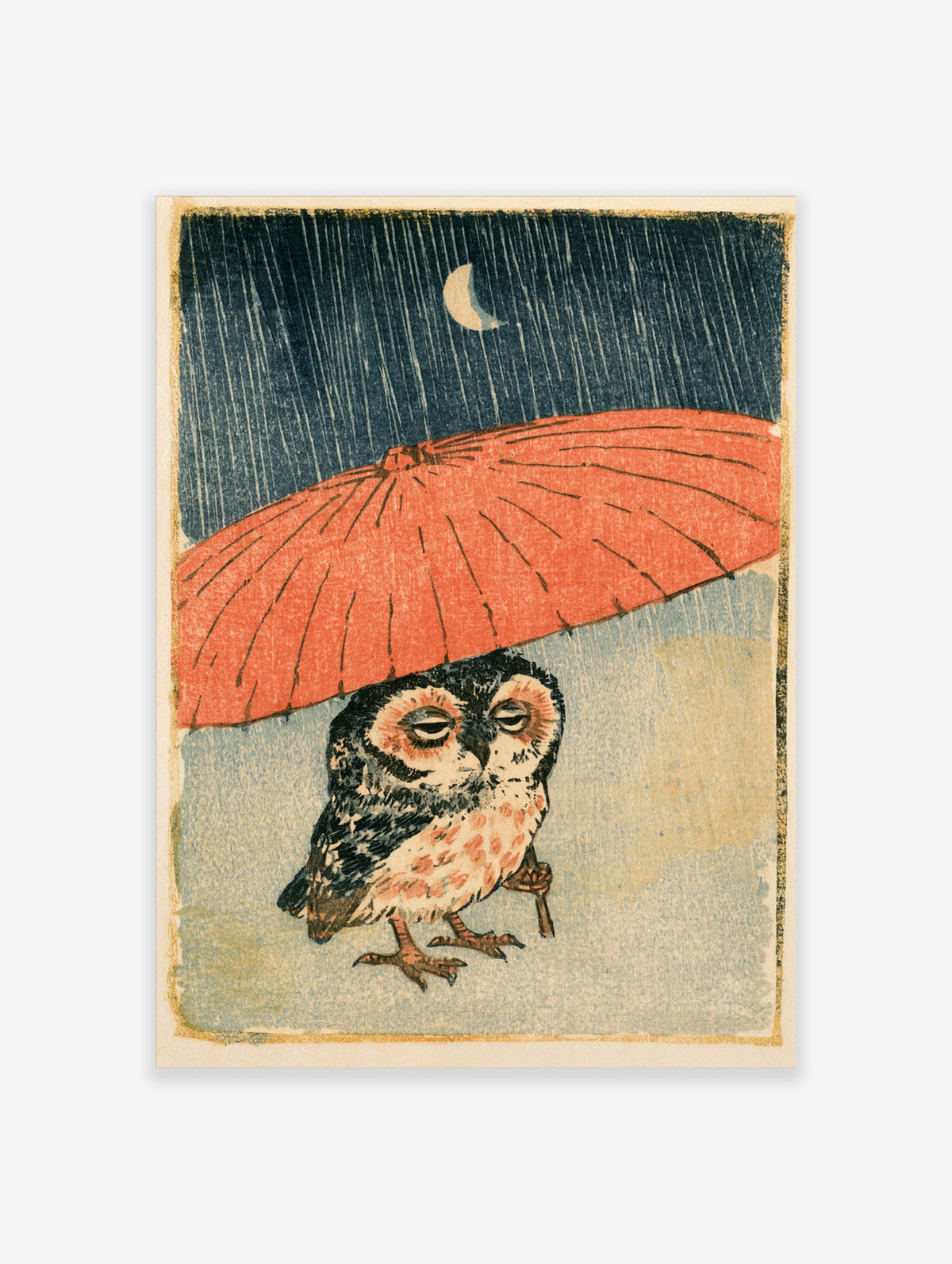 Owl under red umbrella in rain, Japanese woodblock style poster with crescent moon