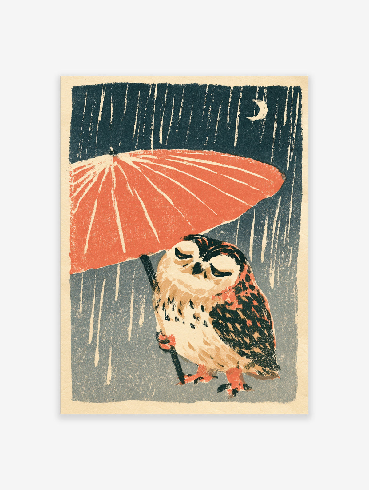 Owl holding red umbrella in rain at night with crescent moon, animal art print